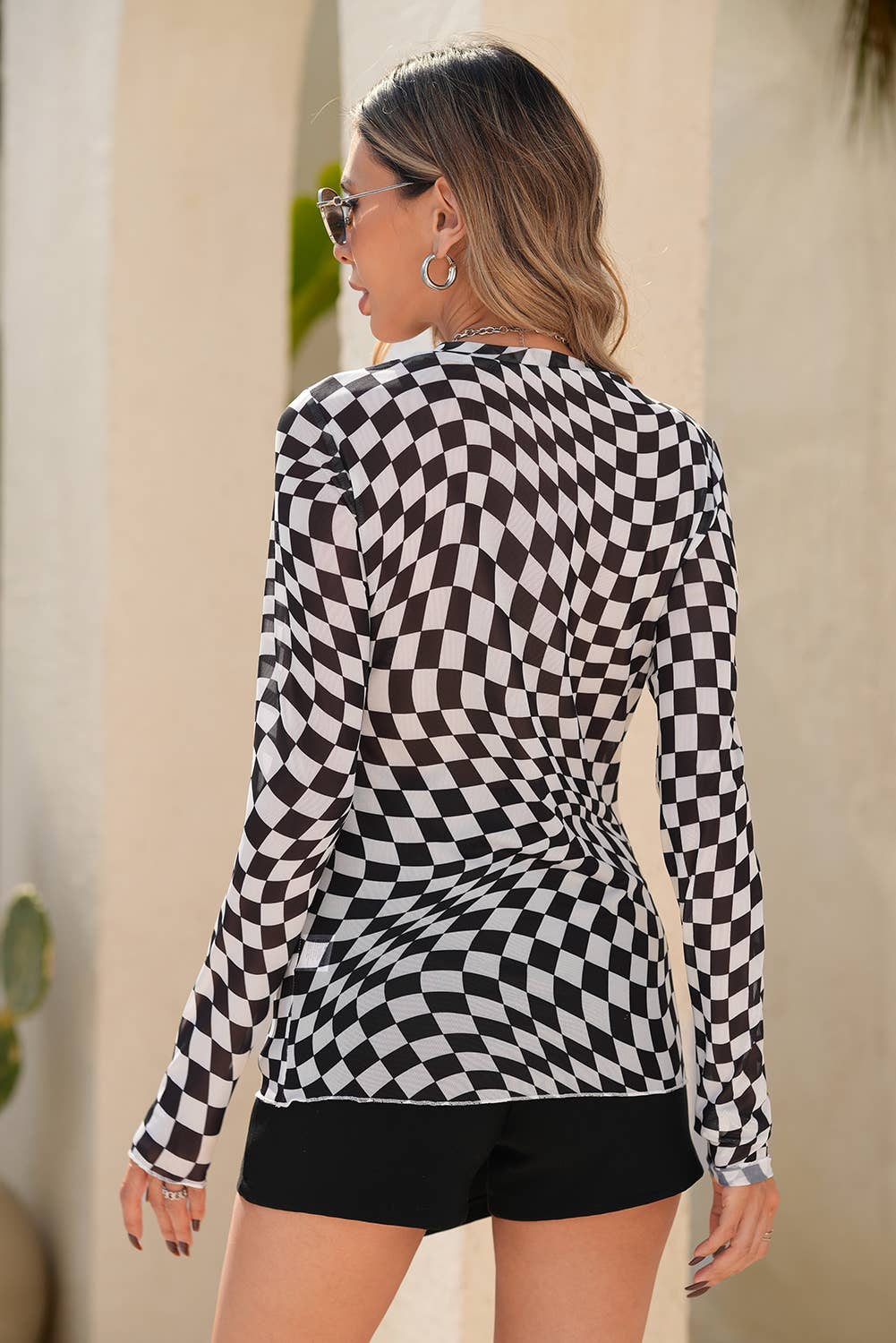 Checkered Pattern Mesh Mock Neck Long Sleeve Top