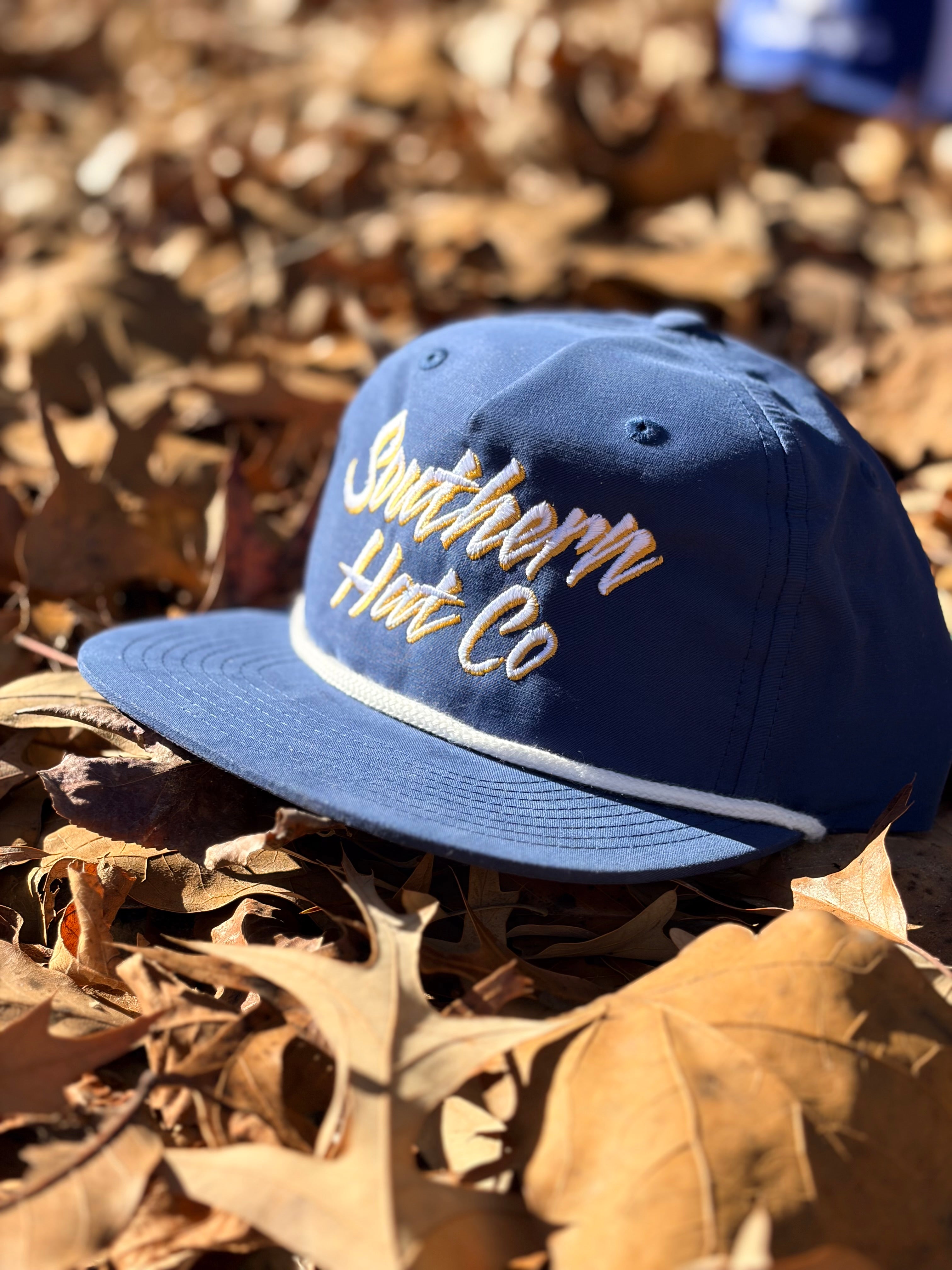 Navy script hat