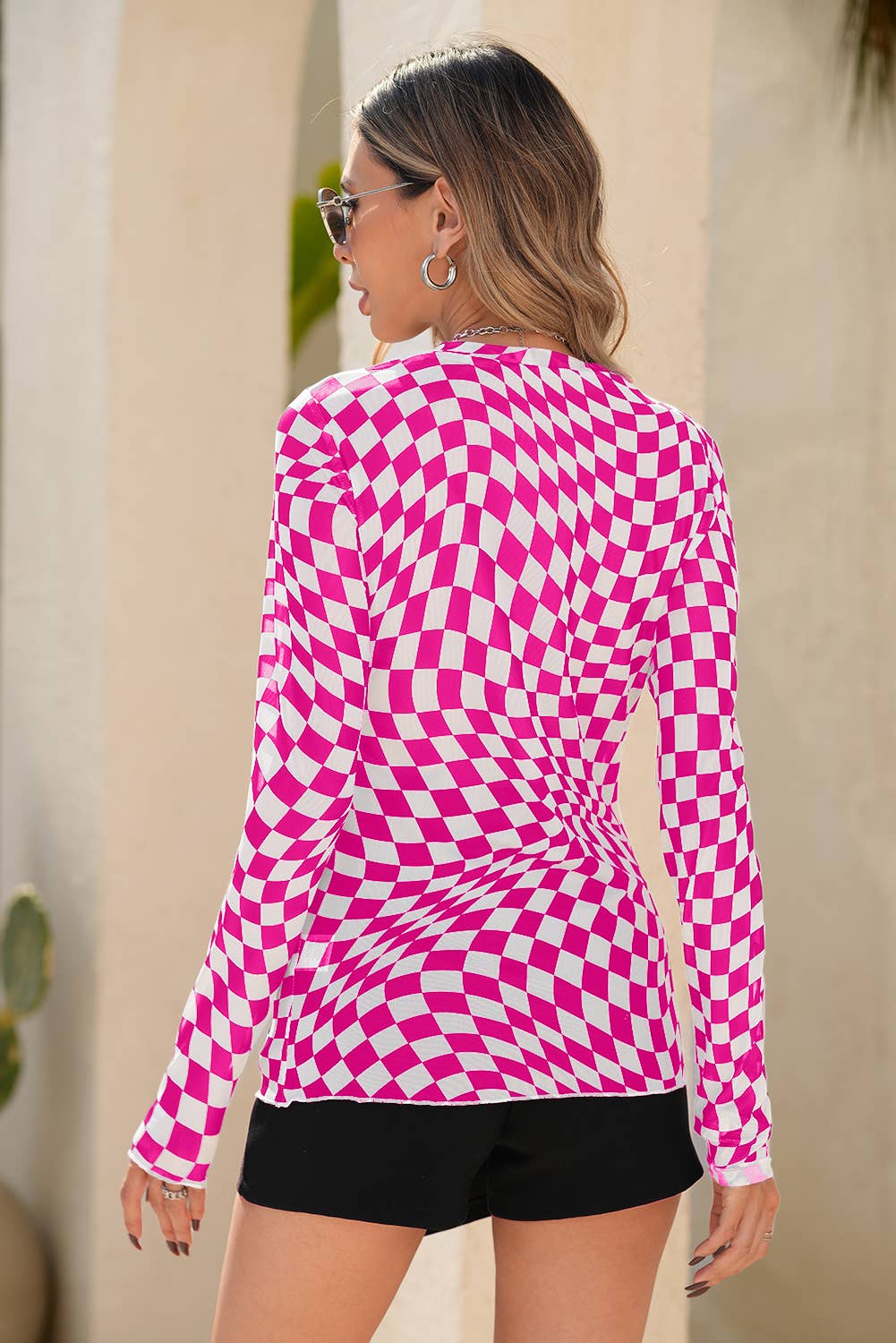 Checkered Pattern Mesh Mock Neck Long Sleeve Top